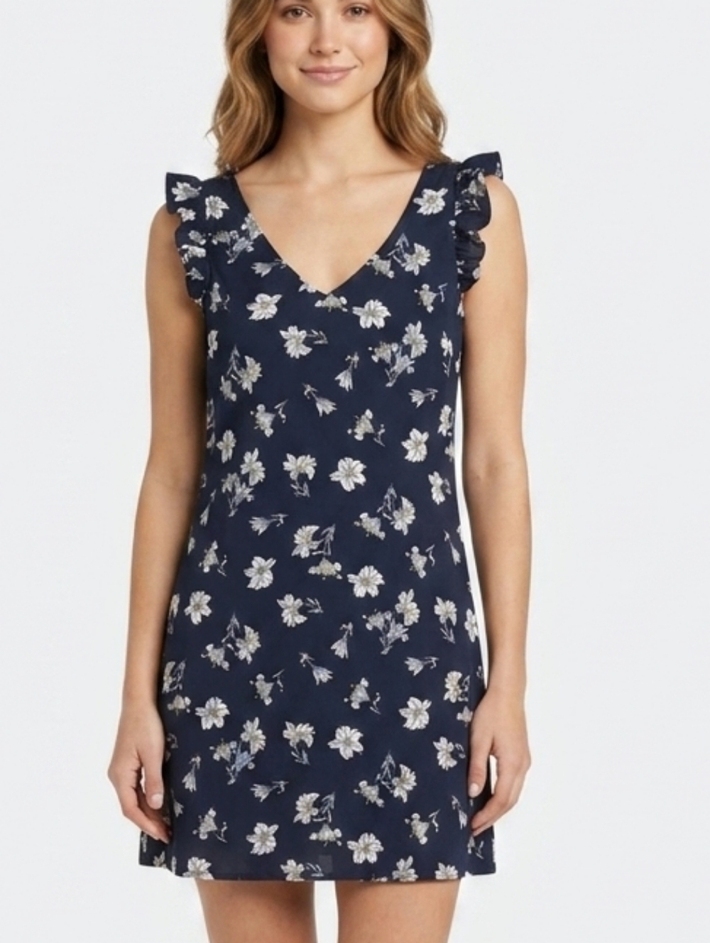 Belle Vere Navy Blue Floral Ruffle Shoulder Mini Dress Size 6